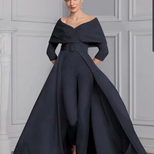 Off-Shoulder Navy Jumpsuit with Draped Overskirt and Belt